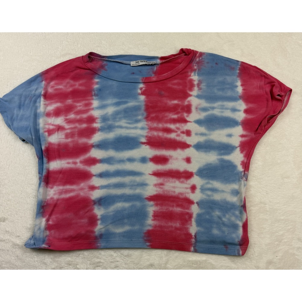 Zara Trafaluc Pink Blue White Tie Dye Cropped Short Sleeve Tee Large